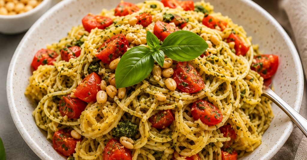 A bowl of pesto spaghetti squash tossed with fresh basil pesto, juicy cherry tomatoes, toasted pine nuts, and fresh basil leaves.