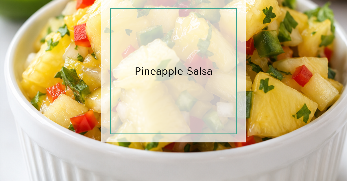 Fresh Pineapple Salsa with Red Pepper, Jalapeño, Cilantro, and Lime with text overlay reading “Pineapple Salsa”