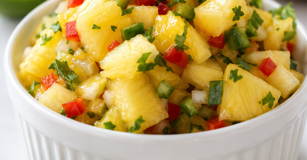 Fresh pineapple salsa with red pepper, jalapeño, cilantro, mint, and lime in a white bowl.
