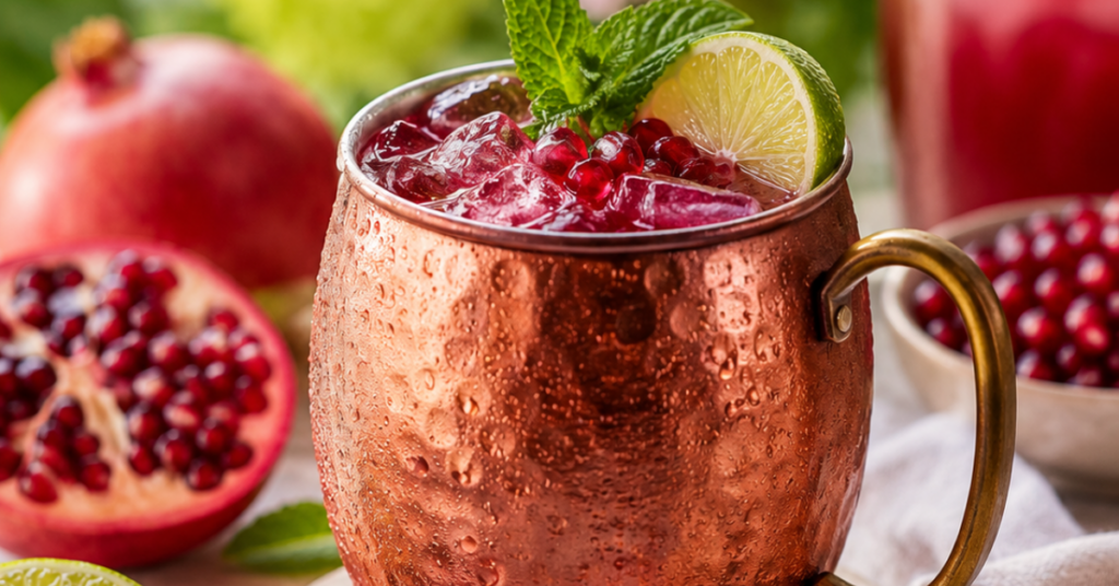 Pomegranate Ginger Mule mocktail with lime and mint served over ice in a chilled copper mug.