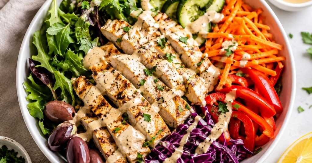 Tahini chicken veggie bowl with mixed greens, cucumber, carrots, red cabbage, bell pepper, olives, and creamy lemon tahini dressing.