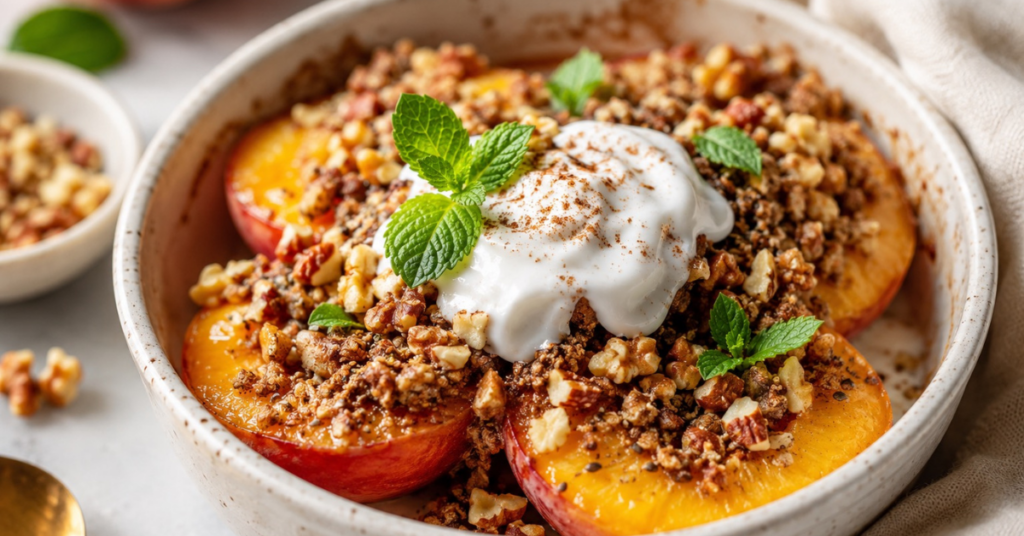 Baked peaches with almond-cinnamon crumble, walnuts, coconut yogurt, and fresh mint