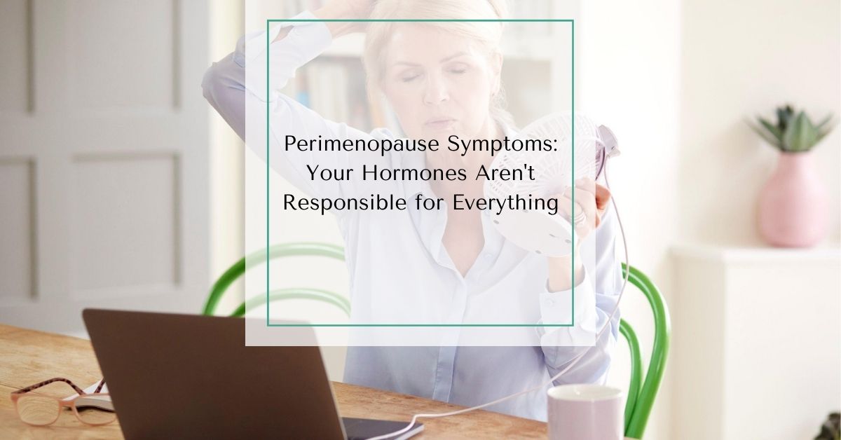 Midlife woman fanning herself during a hot flash for an article about perimenopause symptoms