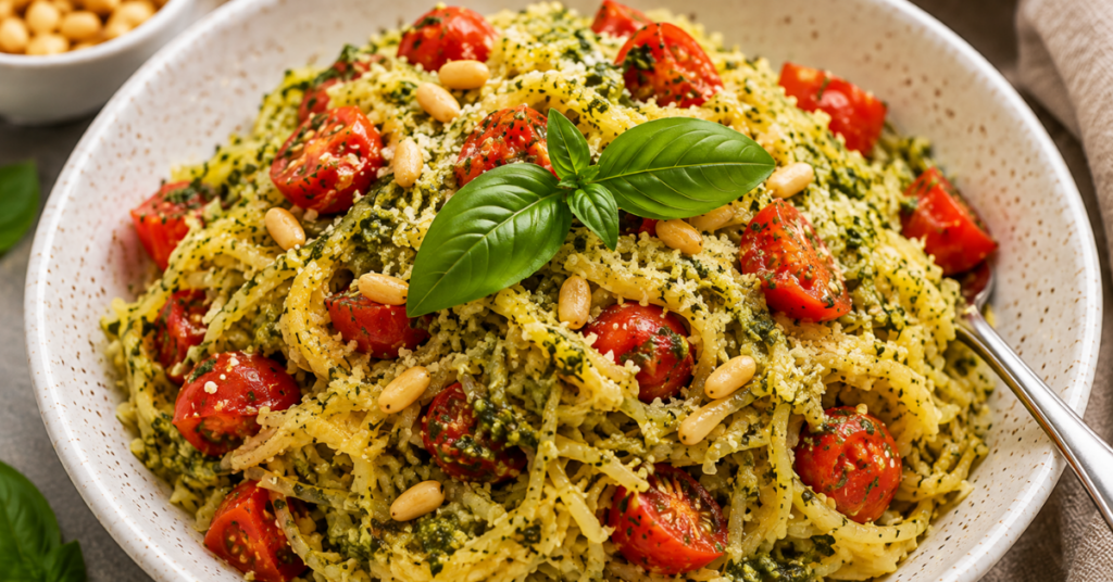 A bowl of pesto spaghetti squash tossed with fresh basil pesto, juicy cherry tomatoes, toasted pine nuts, and fresh basil leaves.