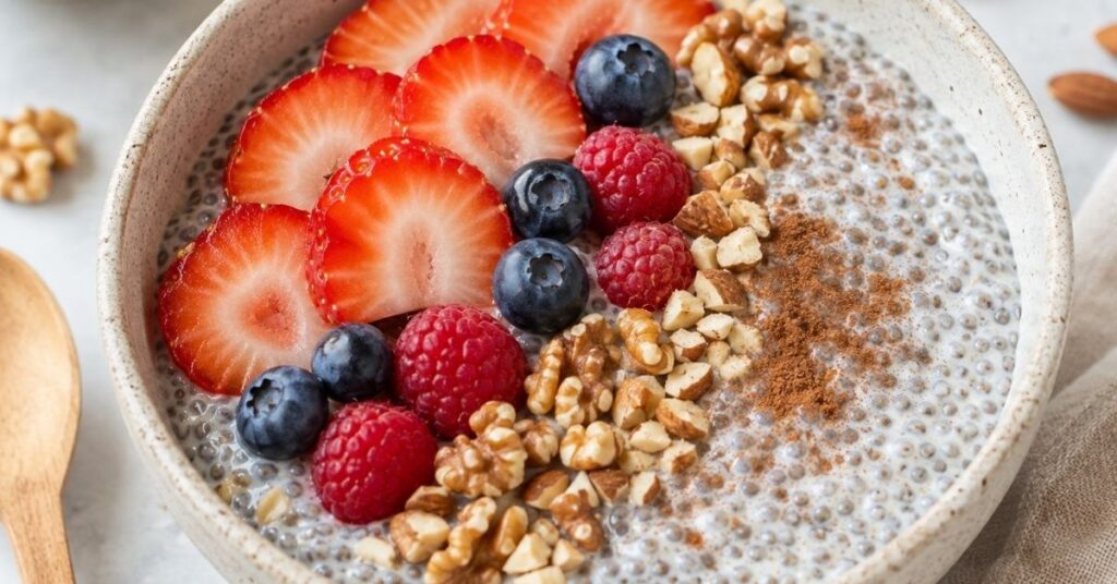 Protein chia bowl topped with strawberries, blueberries, raspberries, chopped walnuts, almonds, and cinnamon.