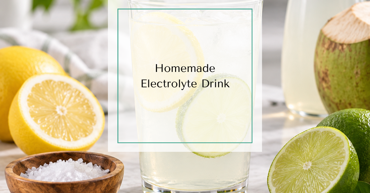 Homemade electrolyte drink with lemon and lime, sea salt, and optional coconut water with text overlay reading “Homemade Electrolyte Drink”